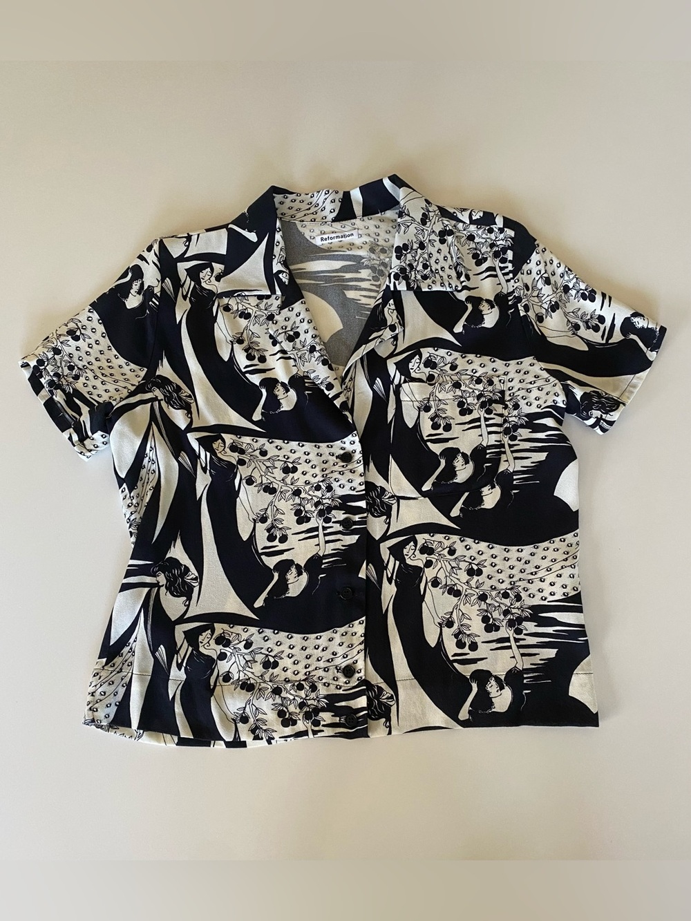 Reformation Persephone Cuba Top Medium Black White Abstract Camp Shirt Rare